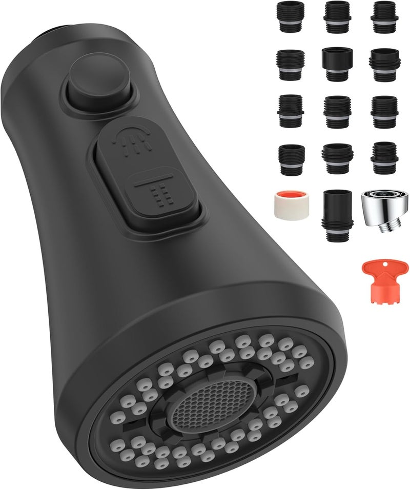 Mbillion Universal Matte Black Kitchen Faucet Spray Head Replacement, 3 Function ABS Sink Faucet Head, Pull-Down Nozzle with 14 Adapters, Compatible with Moen, Delta, Kohler, WEWE American Standard - Image 1